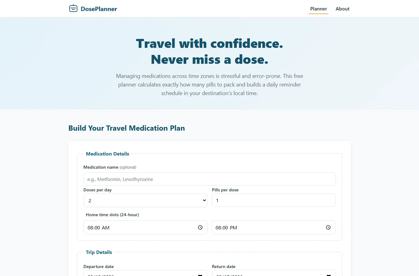 Screenshot of Medication Travel Dose Planner interface showing the project page in use